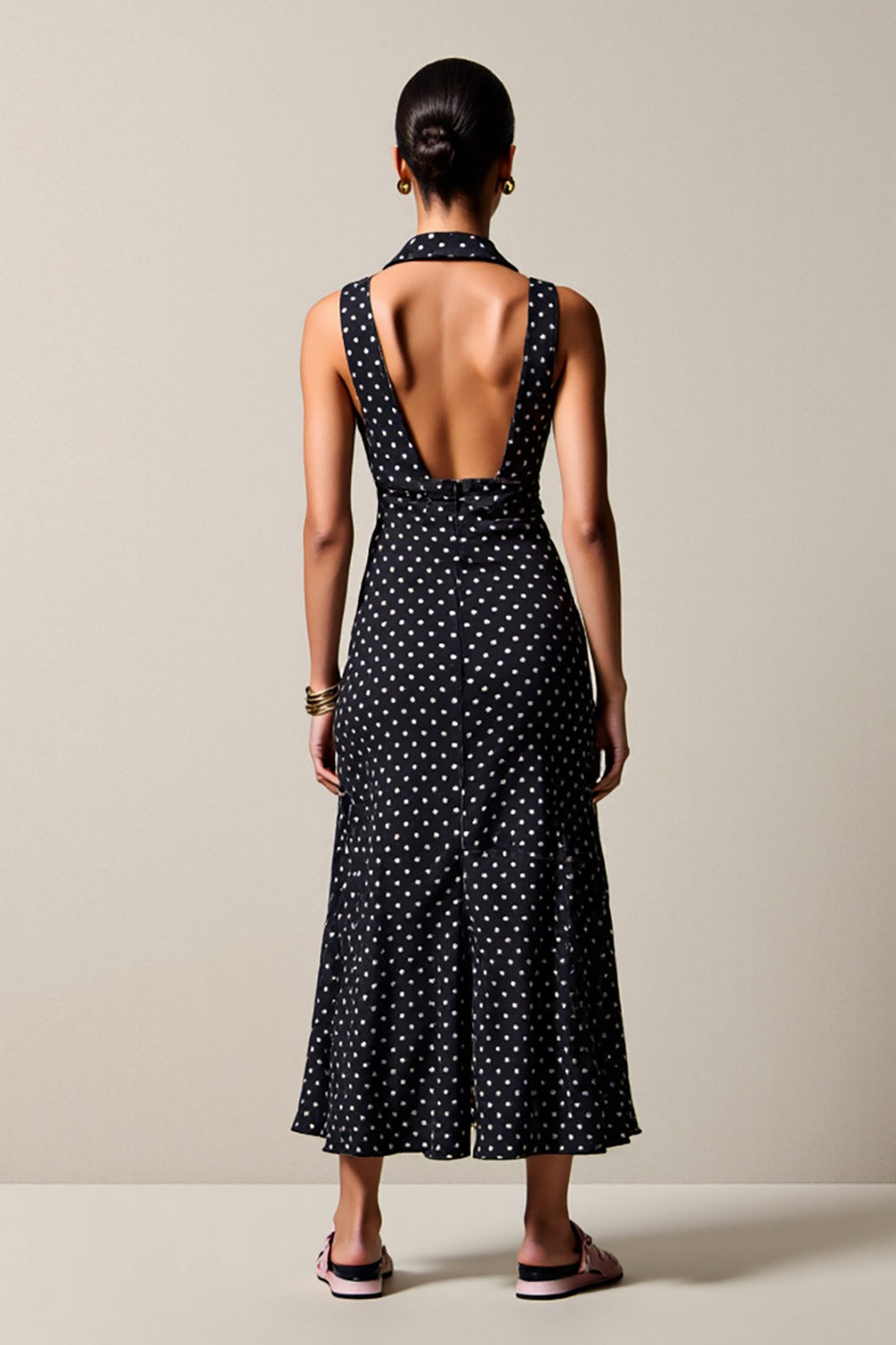 Black V Neck Sheath Maxi Boho Polka Dot Dress