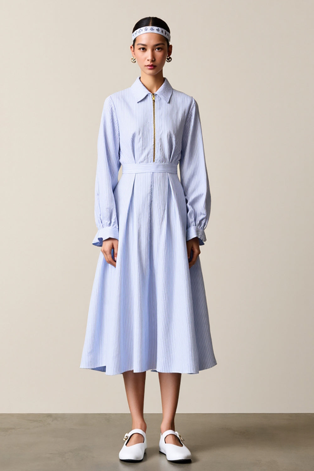 Blue Striped A Line Lapel Midi Work Dress with Sleeves