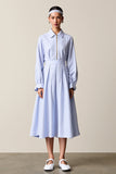 Blue Striped A Line Lapel Midi Work Dress with Sleeves