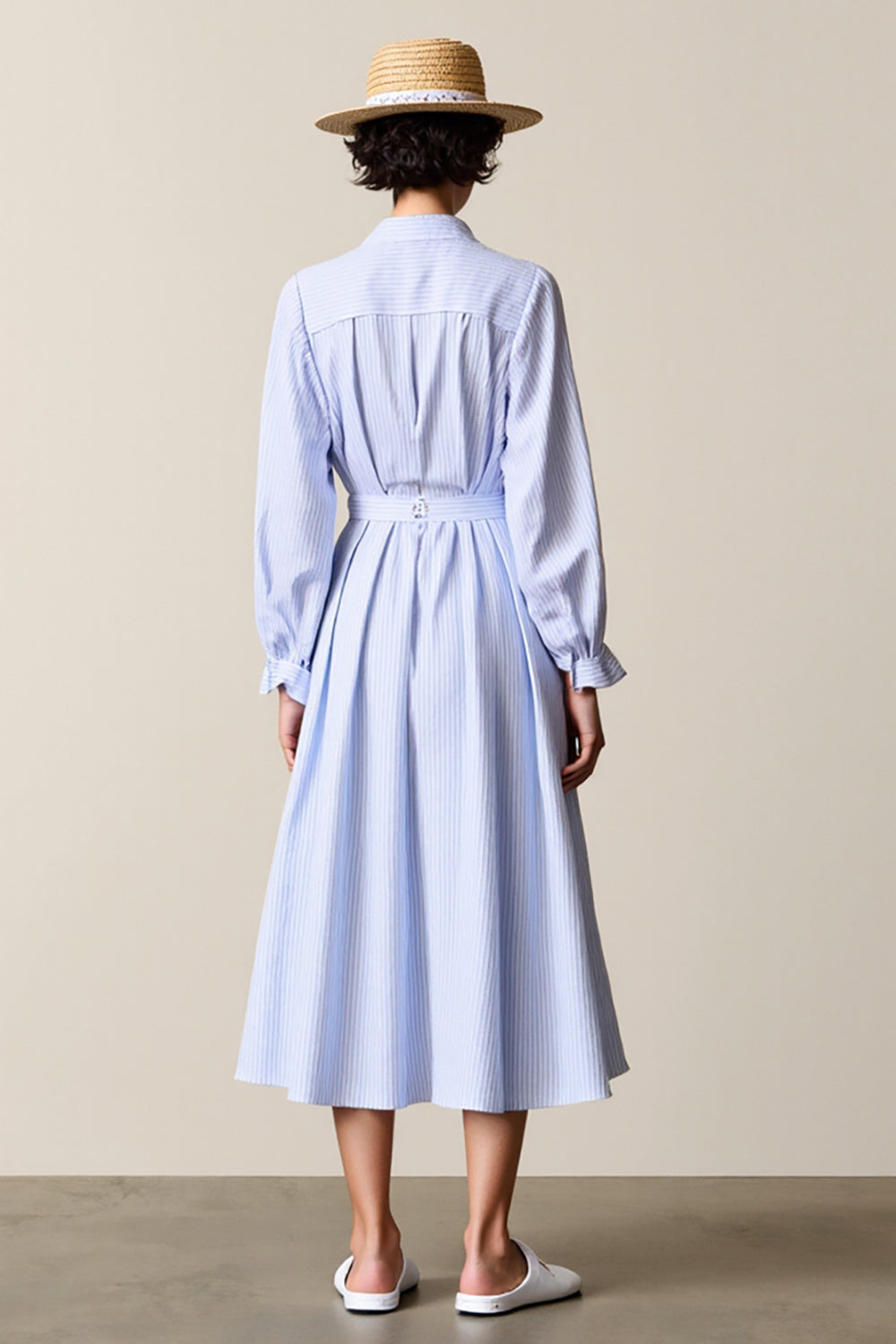 Blue Striped A Line Lapel Midi Work Dress with Sleeves