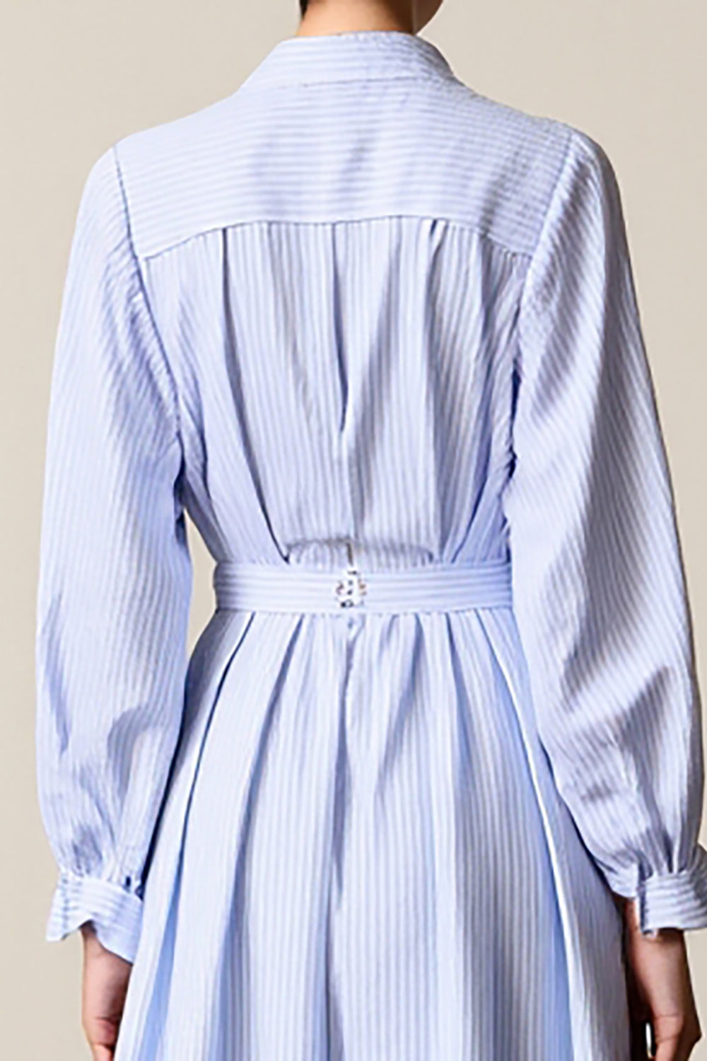 Blue Striped A Line Lapel Midi Work Dress with Sleeves
