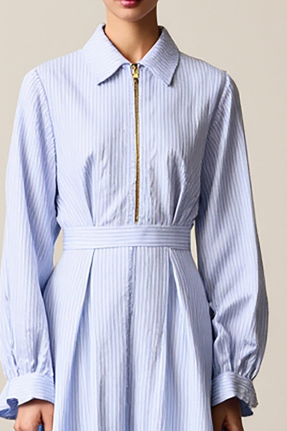Blue Striped A Line Lapel Midi Work Dress with Sleeves