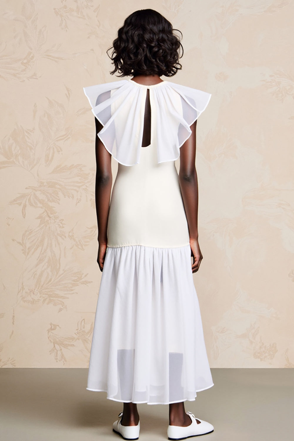 White Sheath Ruffled Long Summer Dress with Keyhole