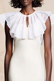 White Sheath Ruffled Long Summer Dress with Keyhole
