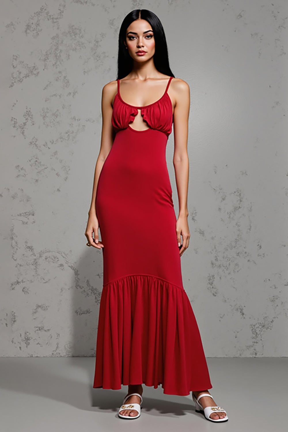 Red Satin Sheath Scoop Neck Ruffled Long Wedding Guest Dress