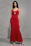 Red Satin Sheath Scoop Neck Ruffled Long Wedding Guest Dress