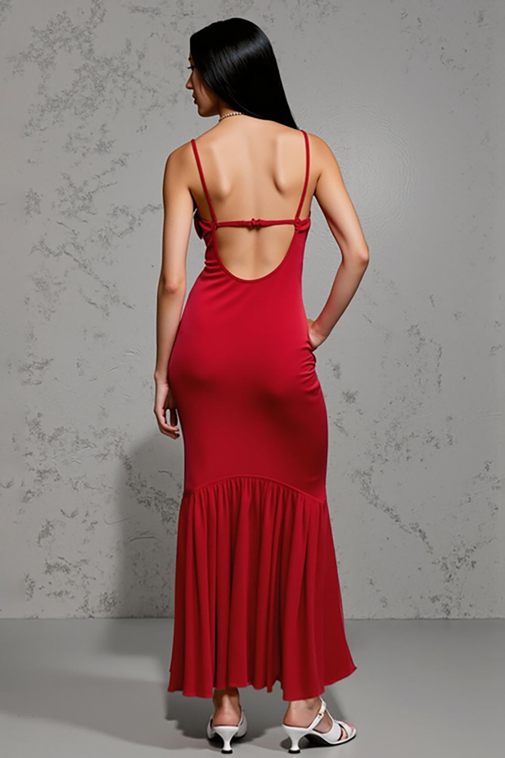 Red Satin Sheath Scoop Neck Ruffled Long Wedding Guest Dress