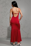 Red Satin Sheath Scoop Neck Ruffled Long Wedding Guest Dress