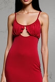 Red Satin Sheath Scoop Neck Ruffled Long Wedding Guest Dress