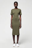 Olive Sheath Round Neck Satin Midi Wedding Guest Dress