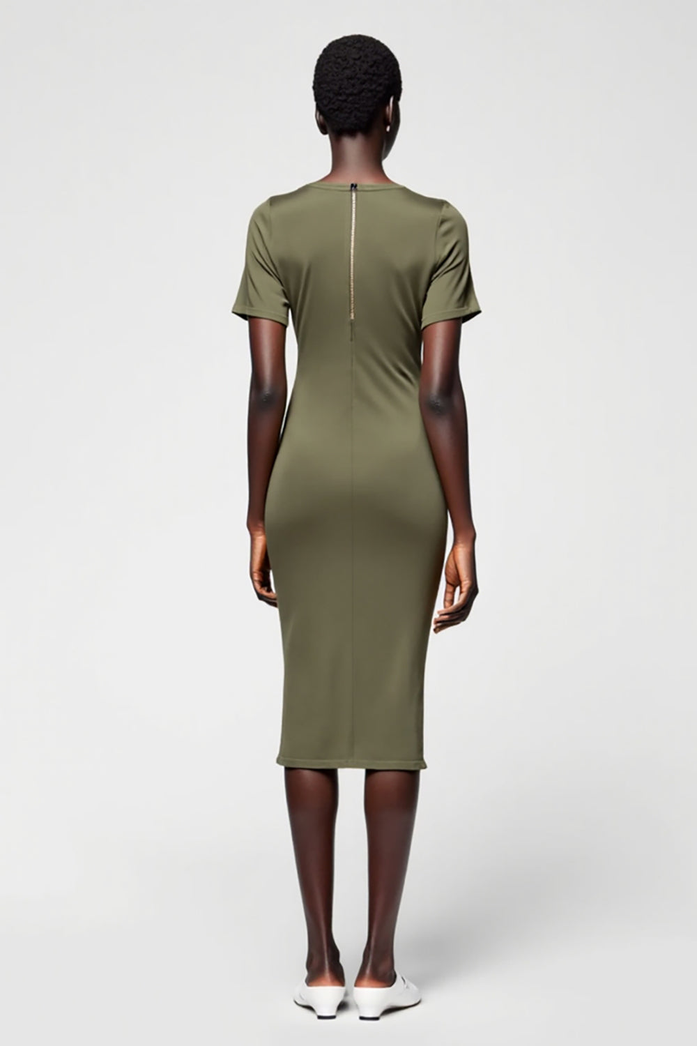 Olive Sheath Round Neck Satin Midi Wedding Guest Dress