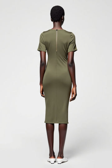 Olive Sheath Round Neck Satin Midi Wedding Guest Dress