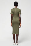 Olive Sheath Round Neck Satin Midi Wedding Guest Dress