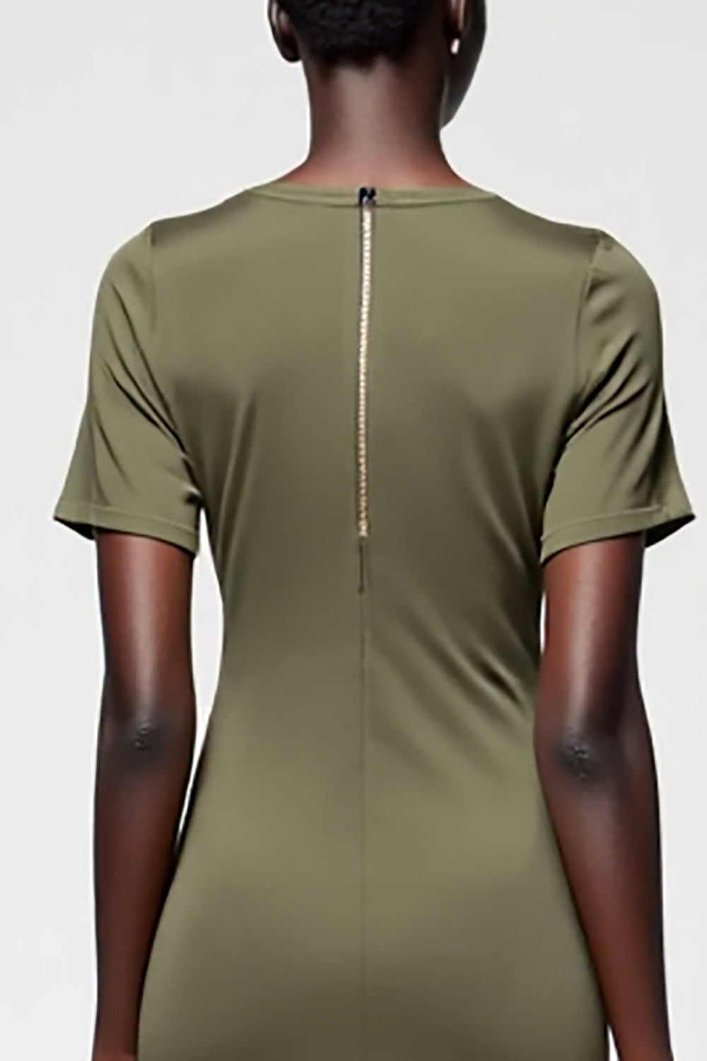 Olive Sheath Round Neck Satin Midi Wedding Guest Dress