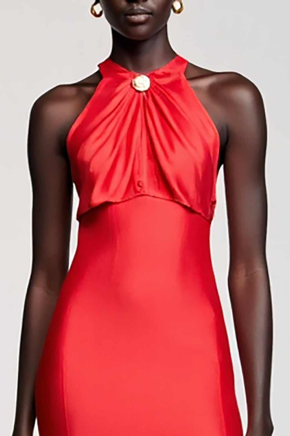 Red Sheath Halter Neck Ruffled Midi Wedding Guest Dress