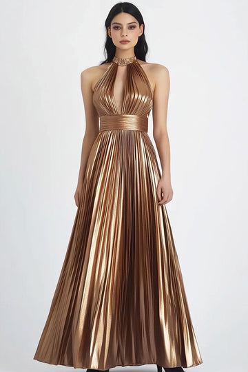 Gold Metallic A Line Pleated Halter Neck Long Formal Dress