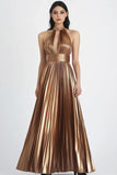Gold Metallic A Line Pleated Halter Neck Long Formal Dress