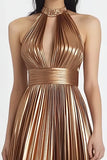 Gold Metallic A Line Pleated Halter Neck Long Formal Dress