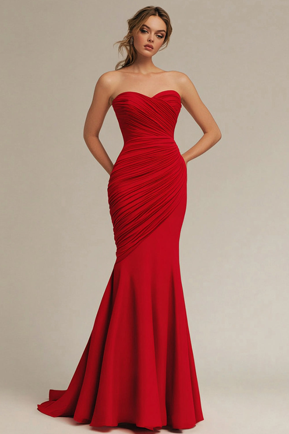 Red Pleated Mermaid Sweetheart Satin Long Formal Dress