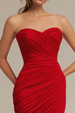 Red Pleated Mermaid Sweetheart Satin Long Formal Dress