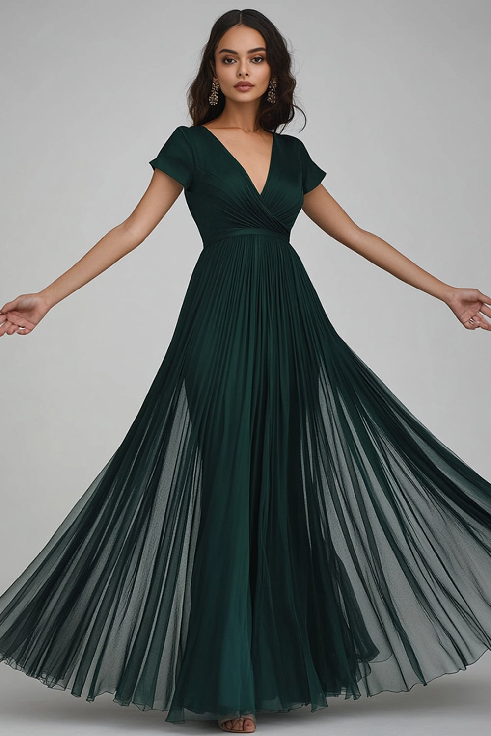Dark Green A Line V Neck Long Formal Dress with Sleeves