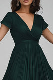 Dark Green A Line V Neck Long Formal Dress with Sleeves