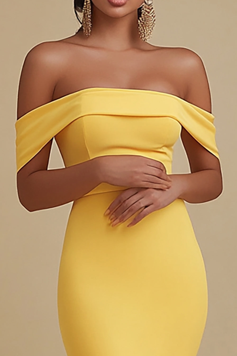 Yellow Satin Mermaid Off the Shoulder Long Formal Dress