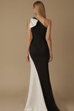 Black White One Shoulder Mermaid Long Formal Dress with Bow