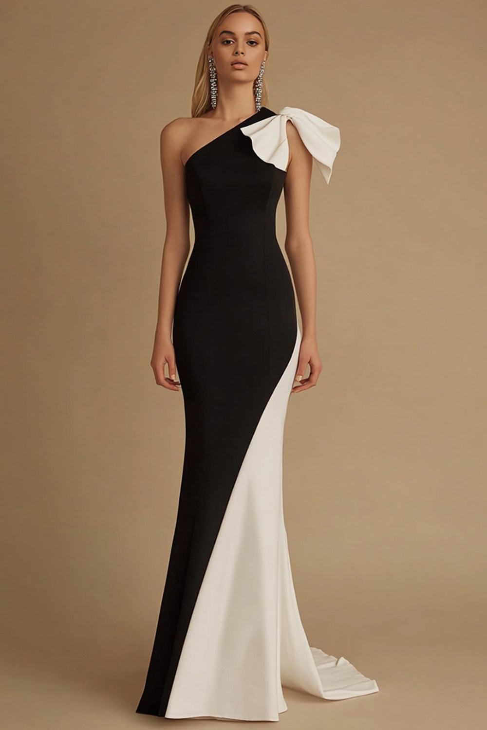 Black White One Shoulder Mermaid Long Formal Dress with Bow