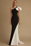 Black White One Shoulder Mermaid Long Formal Dress with Bow