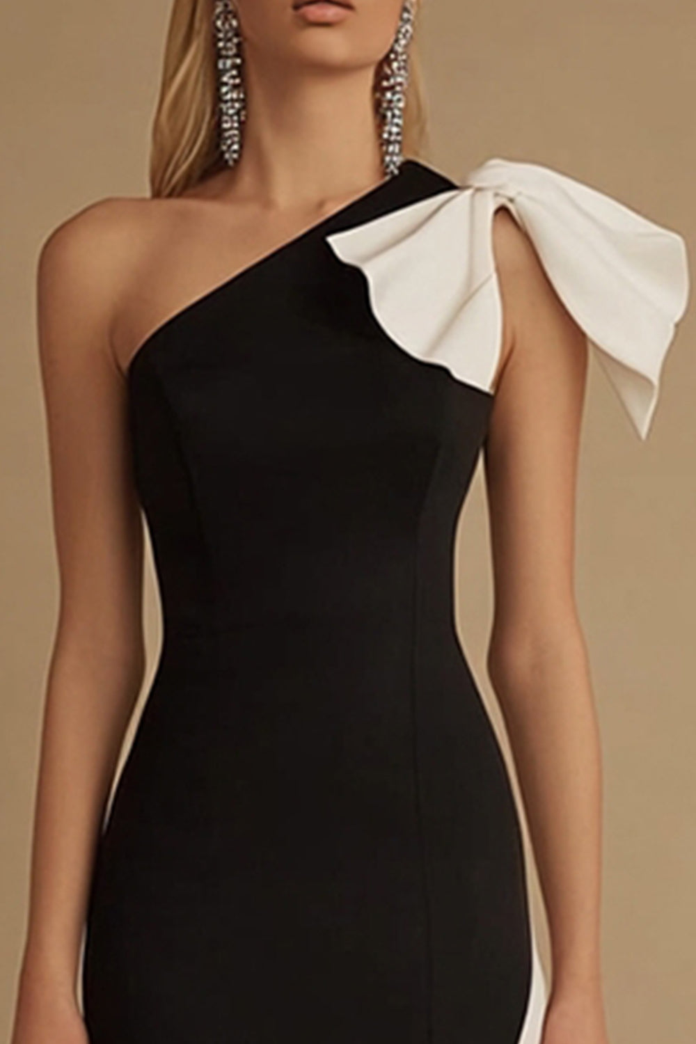 Black White One Shoulder Mermaid Long Formal Dress with Bow