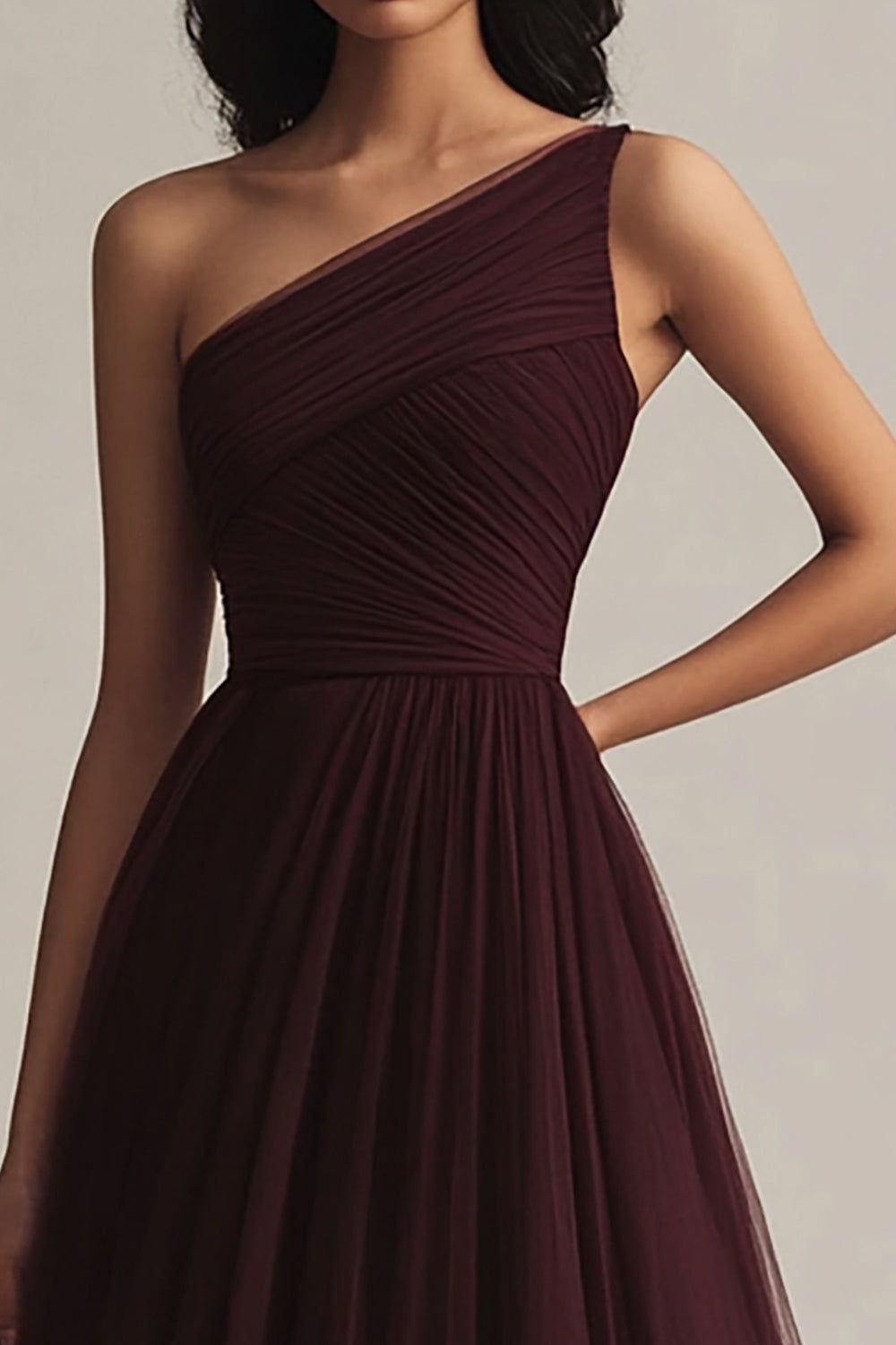 Burgundy Tulle One Shoulder A Line Long Formal Dress