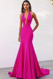 Navy Deep V Neck Halter Mermaid Long Formal Dress