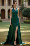 Dark Green Halter V Neck Satin A Line Long Formal Dress with Slit