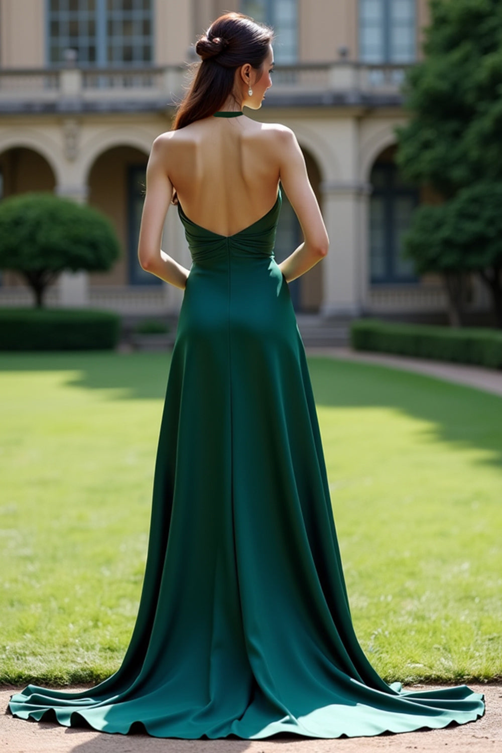 Dark Green Halter V Neck Satin A Line Long Formal Dress with Slit