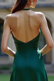 Dark Green Halter V Neck Satin A Line Long Formal Dress with Slit