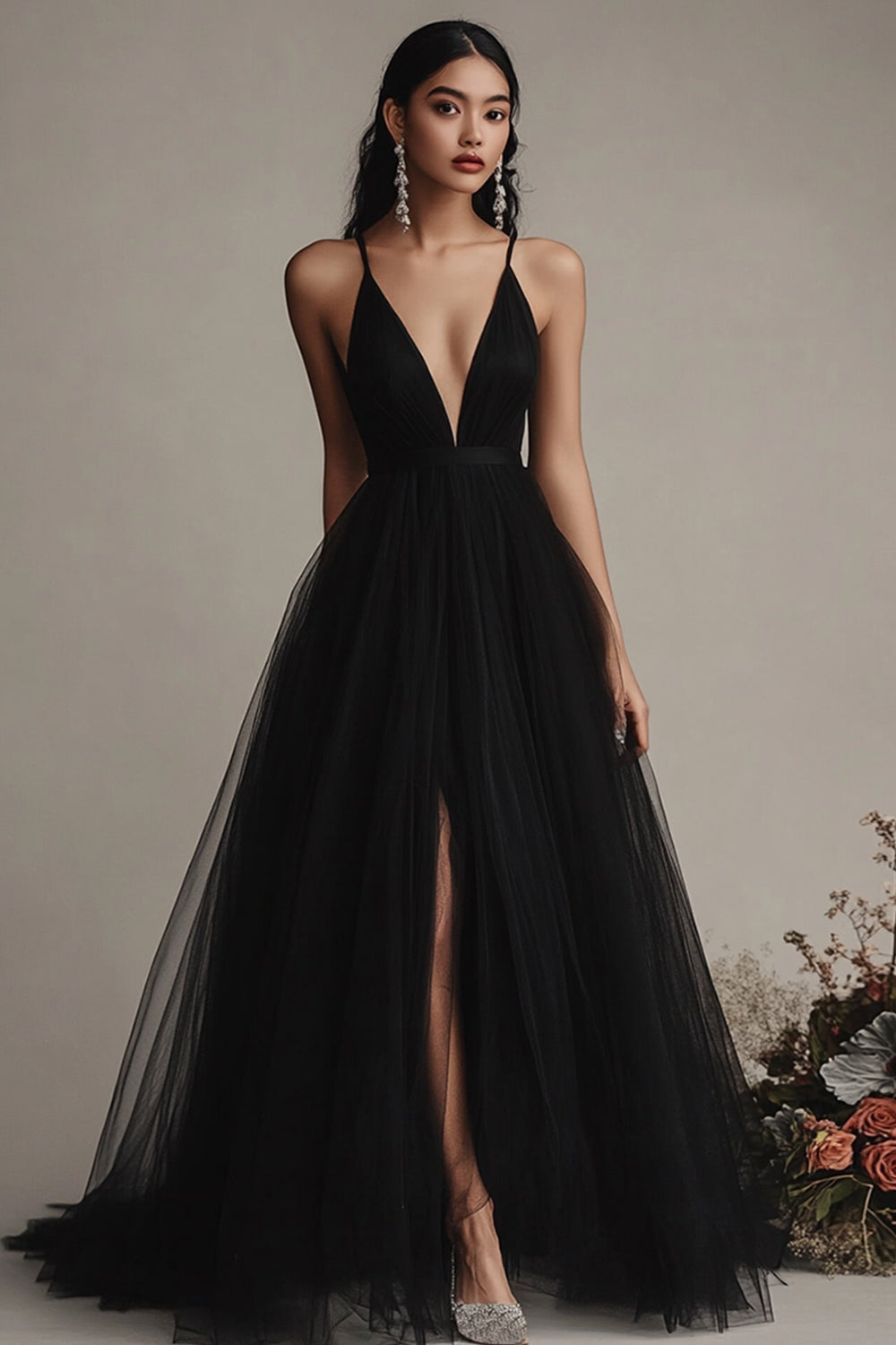 Black Spaghetti Straps Tulle A Line Long Formal Dress with Slit