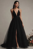 Black Spaghetti Straps Tulle A Line Long Formal Dress with Slit