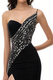 Sparkly Black Satin One Shoulder Mermaid Long Formal Dress with Slit