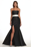 Black Mermaid Satin Strapless Long Formal Dress with Slit