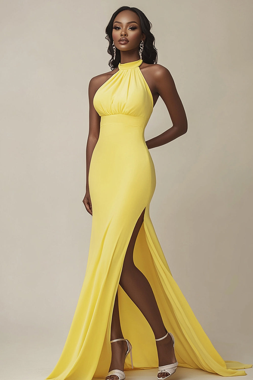 Yellow Satin Mermaid Halter Long Formal Dress with Slit