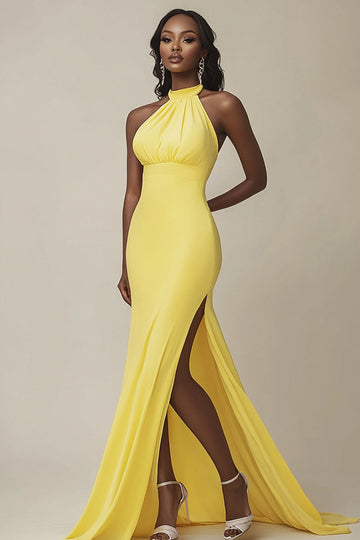 Yellow Satin Mermaid Halter Long Formal Dress with Slit