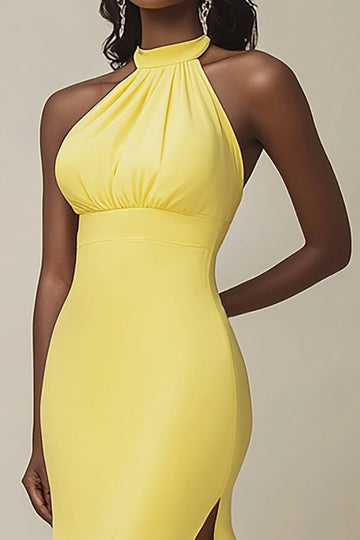 Yellow Satin Mermaid Halter Long Formal Dress with Slit