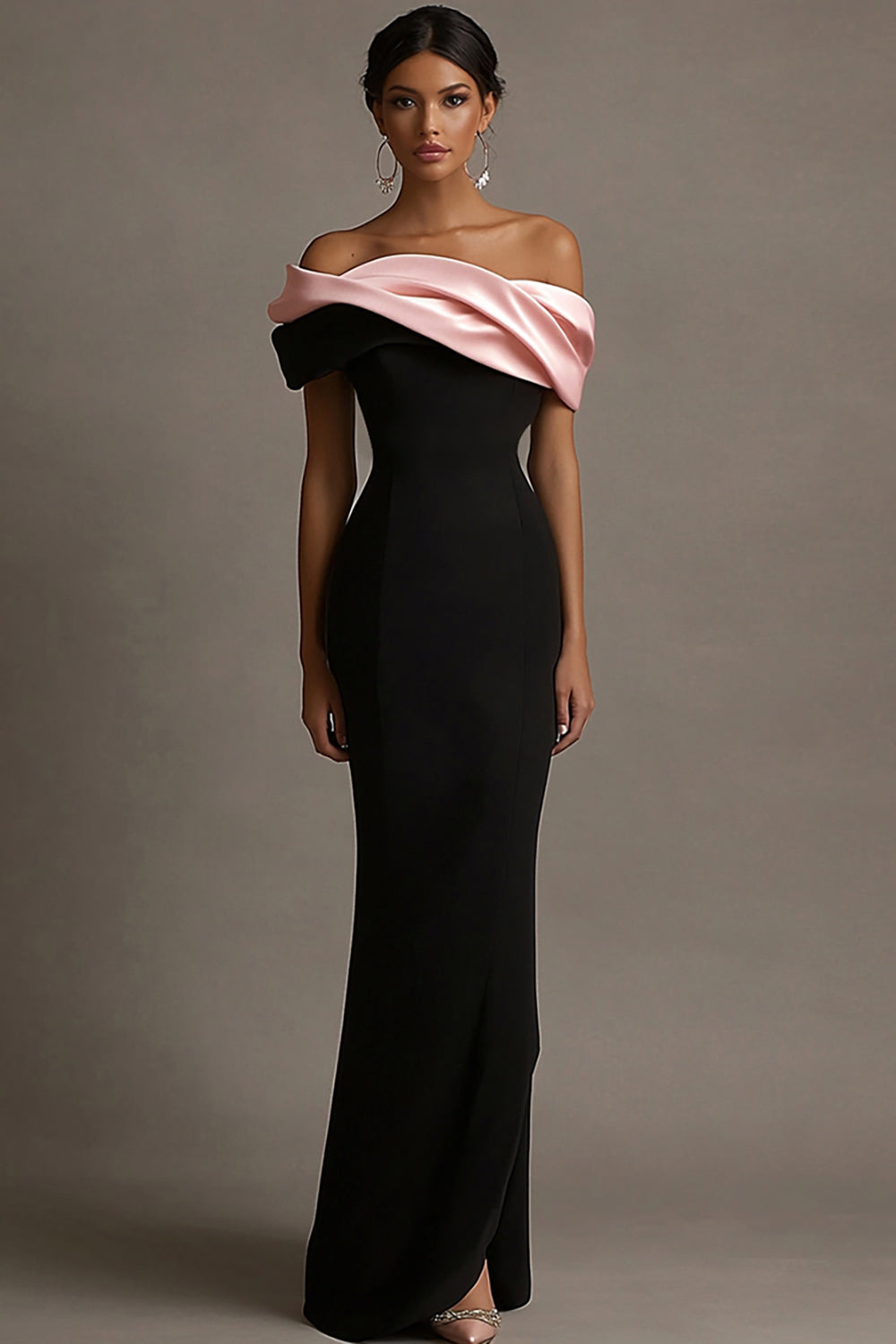 Zapaka Women Black Pink Satin Long Formal Dress with Slit Mermaid Off the Shoulder Sleeveless Ruched Evening Dress