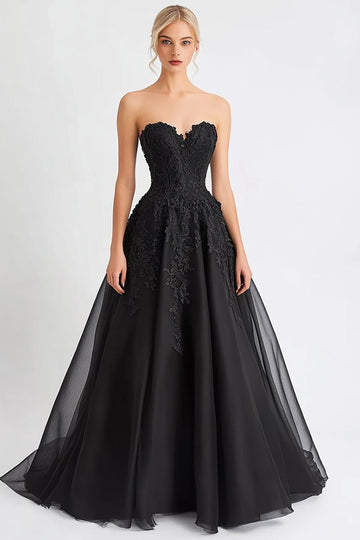 Black A Line Tulle Sweetheart Long Formal Dress with Lace