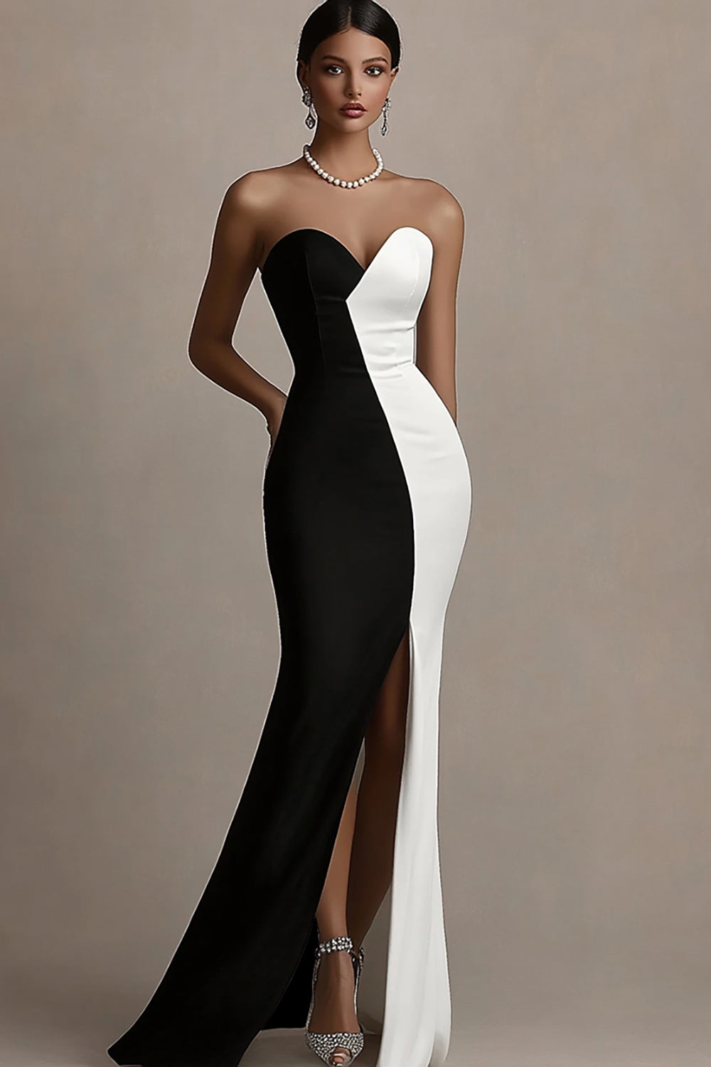 Black White Sheath Satin Sweetheart Long Formal Dress with Slit