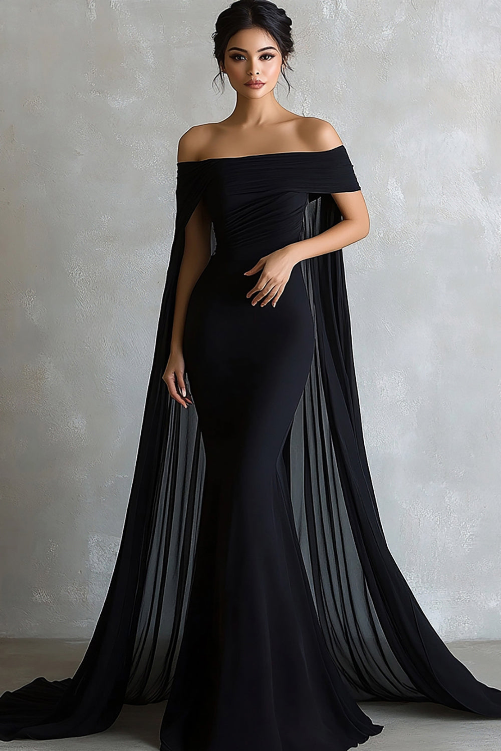 Black Satin Mermaid Off the Shoulder Long Formal Dress with Cape