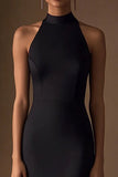 Black Sheath Satin Halter Neck Long Formal Dress