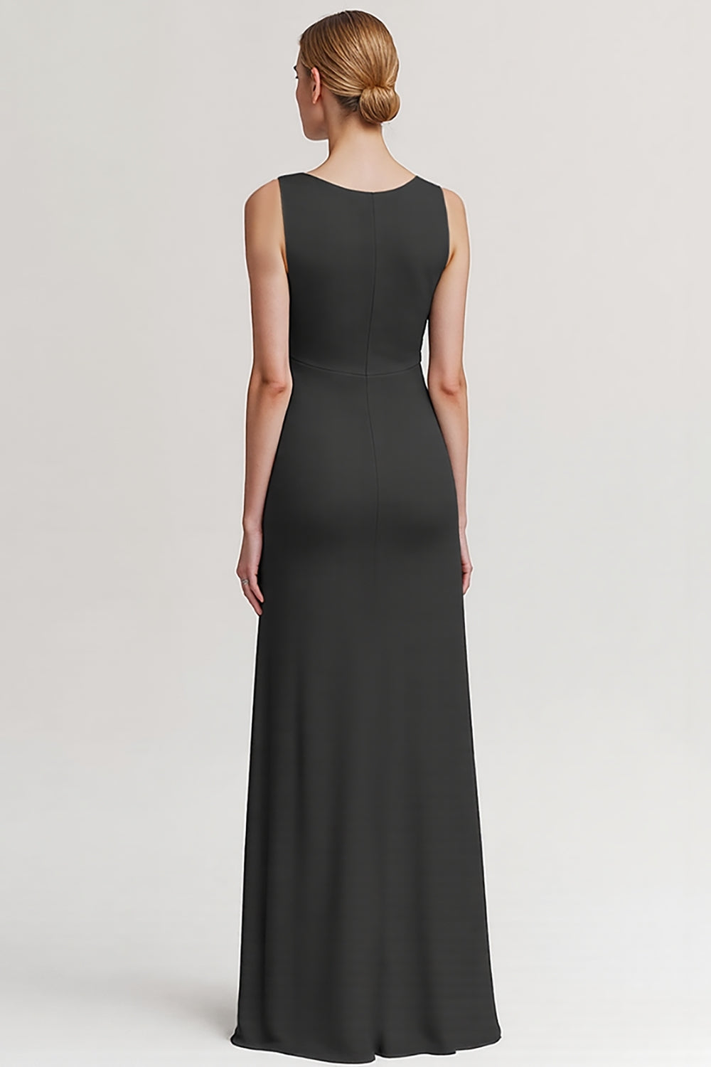 Black Satin V Neck Sheath Ruched Long Formal Dress