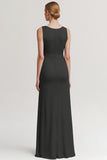 Black Satin V Neck Sheath Ruched Long Formal Dress